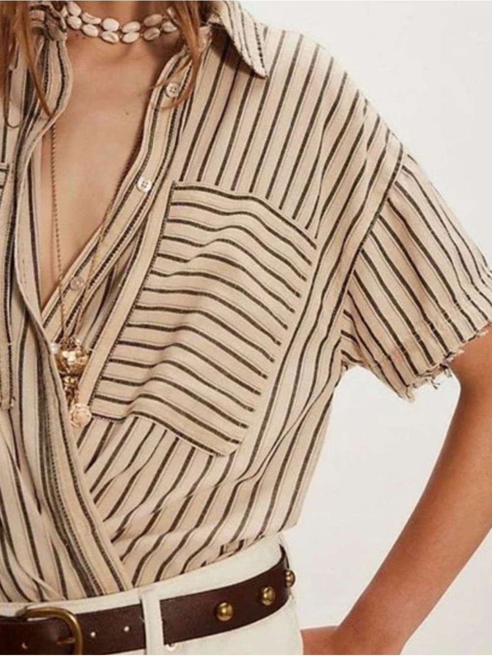 We the Free Christopher
Blouse Tan Black Stripes Buttondown Short Sleeve  SZ M - Picture 4 of 11